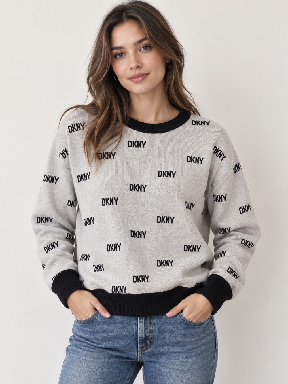 DKNY Gray Logo-Print Crewneck Sweater with Black Trim